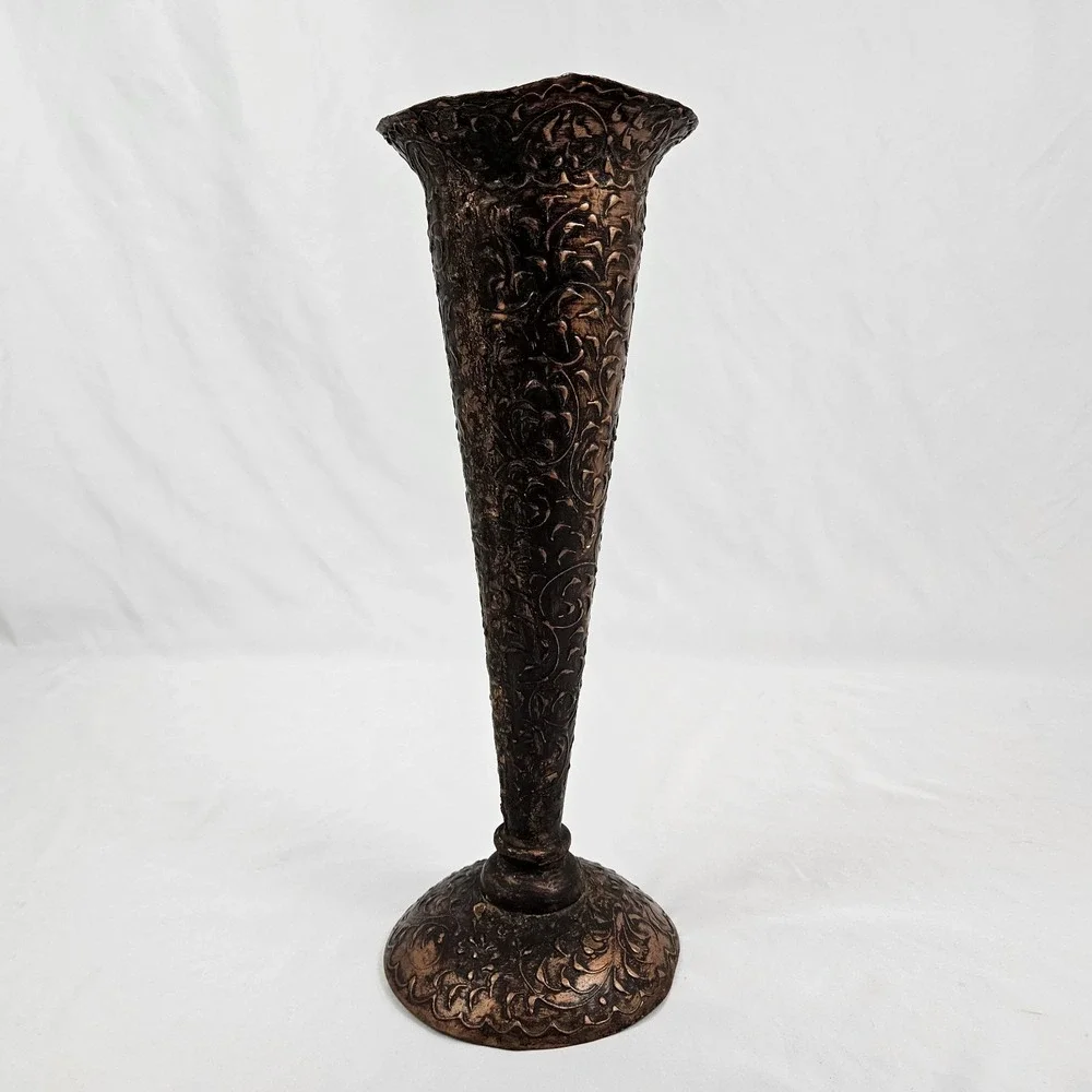Embossed Copper Trumpet Pedestal Vase Arts & Crafts Boho Whimsical